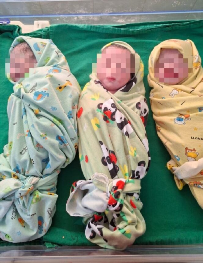 
					Tiga bayi kembar perempuan yang lahir melalui operasi sesar di RSUD Cut Meutia Aceh Utara, Minggu (26/5/2026). ( Foto : Dok. Tribunpasee)