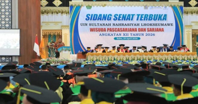 
					Wakil Wali Kota Lhokseumawe, Husaini, S.E., menyampaikan sambutan saat menghadiri Sidang Senat Terbuka Wisuda Sarjana (S1) dan Pascasarjana (S2) Angkatan XII UIN Sultanah Nahrasiyah Lhokseumawe di Gedung Serbaguna, Rabu (29/4/2026).
