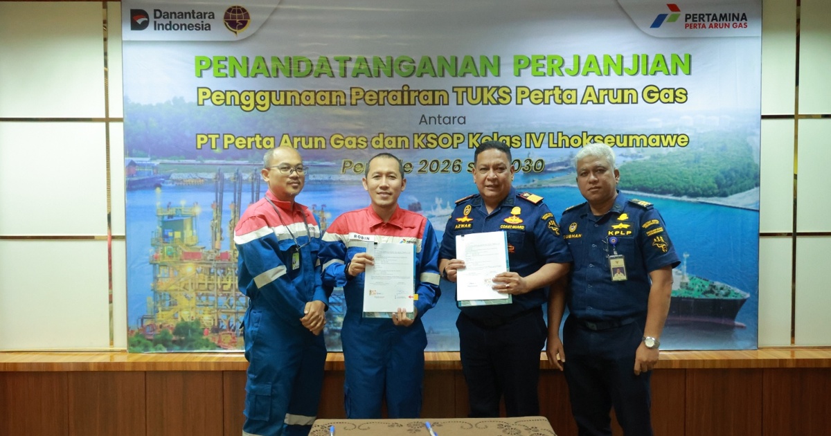 Penandatanganan kerja sama penggunaan perairan Terminal Untuk Kepentingan Sendiri (TUKS) antara PT Perta Arun Gas dan KSOP Kelas IV Lhokseumawe di Plant Site PAG, Lhokseumawe, Kamis (16/4/2026). Kesepakatan ini bertujuan memperkuat kelancaran operasional, keselamatan pelayaran, serta distribusi energi nasional.