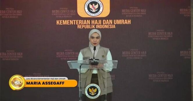 
					Juru Bicara Kementerian Haji dan Umrah, Maria Assegaf, dalam konferensi pers di Jakarta, Sabtu (25/4/2026). ( Foto : Dok. Kemenhaj)